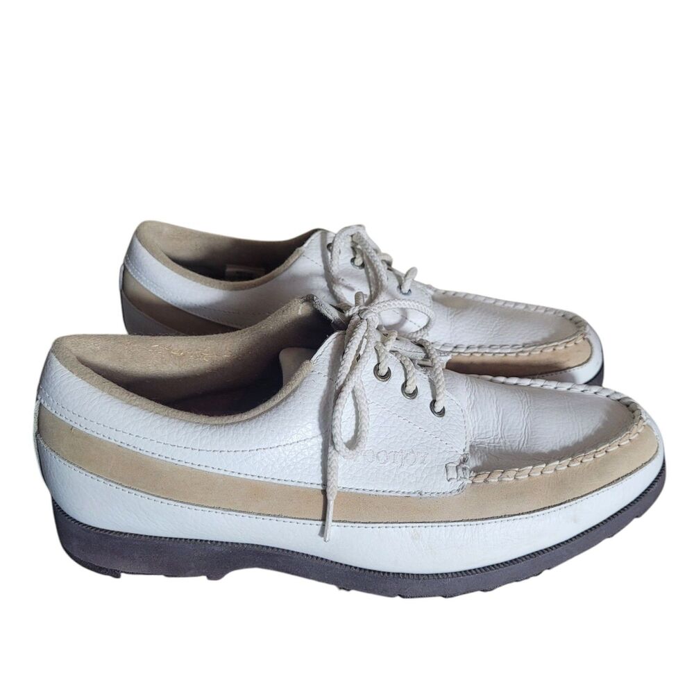 Footjoy Softjoy Leather Lace Up Loafers Shoes Women's 8.5 White Tan Golf Preppy